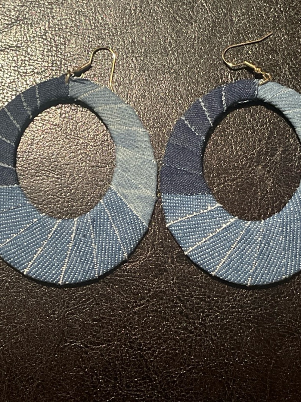 Blue Patchwork Denim Hoop Earrings with Gold Hooks - Women Jewelry